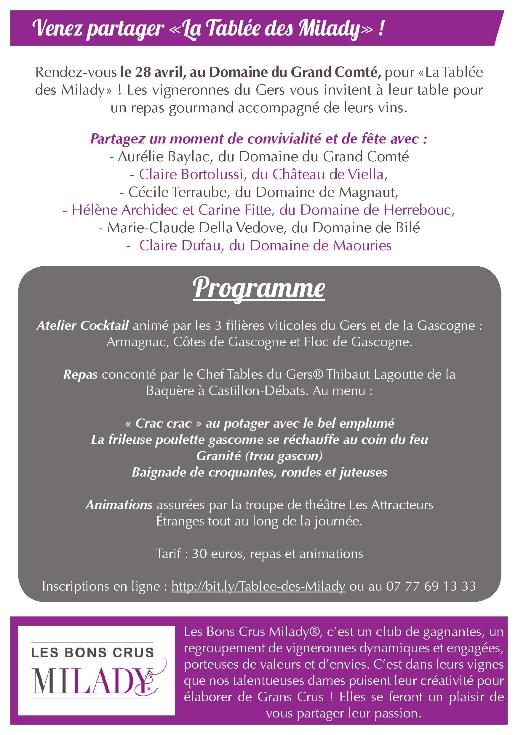 La Tablée des Milady le Dimanche 28 Avril !